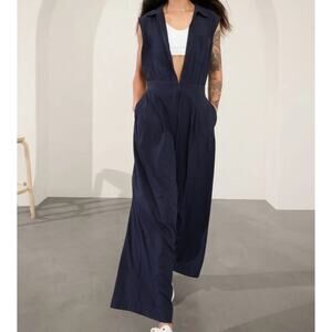 Athleta Brooklyn Heights Jumpsuit Navy 8 Petite Sleeveless Wide Leg Front Zip